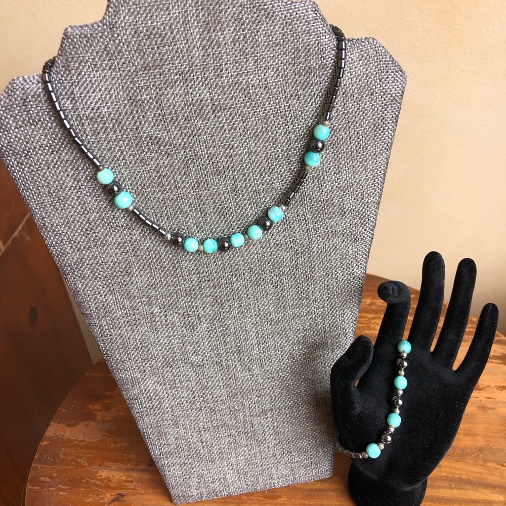 Hematite and Turquoise Necklace and Bracelet Set
